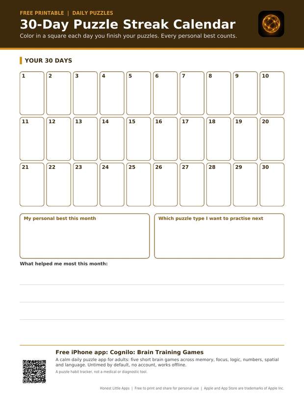 30-Day Puzzle Streak Calendar printable preview