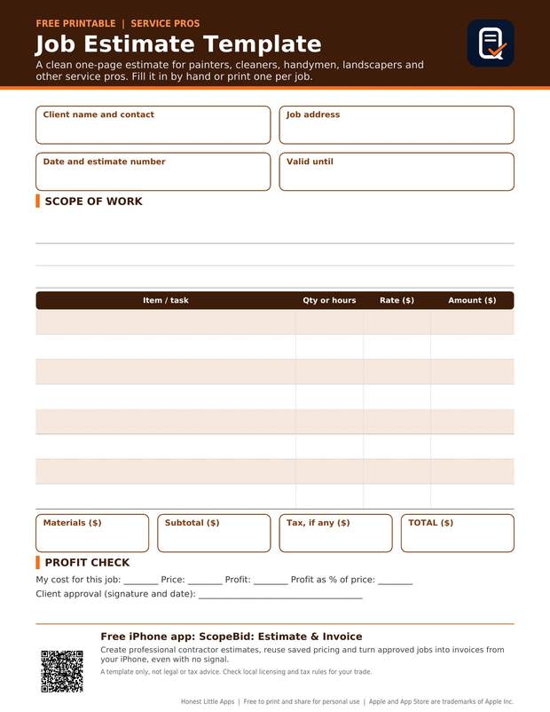 Job Estimate Template printable preview