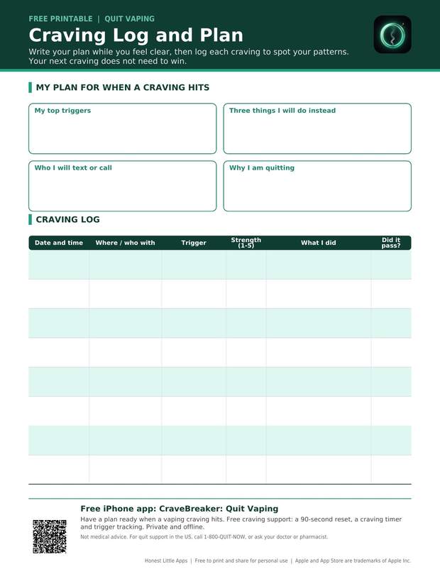 Craving Log and Quit Plan printable preview