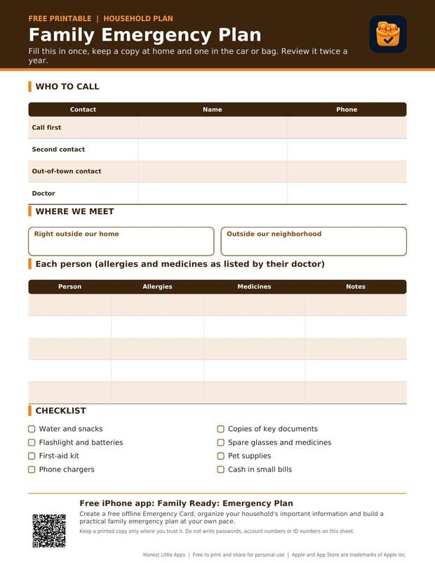 Family Emergency Plan printable preview