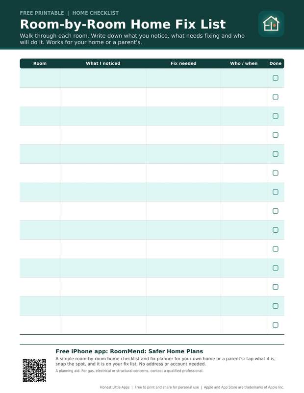 Room-by-Room Home Fix List printable preview
