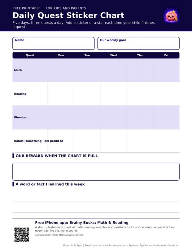 Daily Quest Sticker Chart printable preview