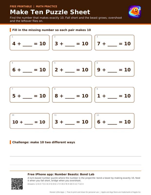 Make Ten Puzzle Sheet printable preview