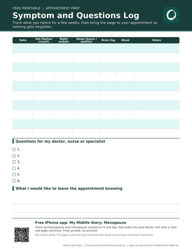 Menopause Symptom and Questions Log printable preview