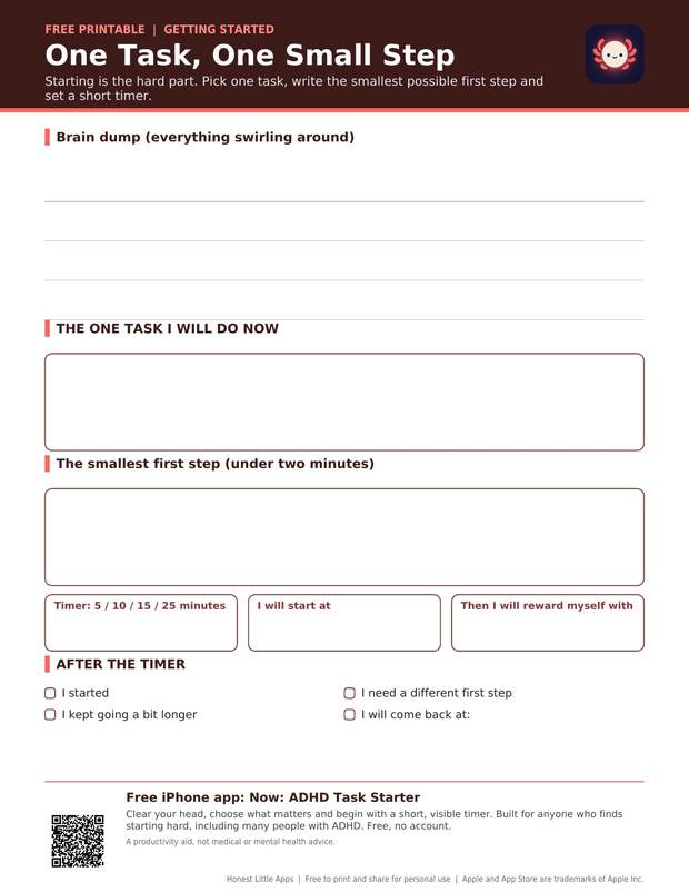 One Task, One Small Step Planner printable preview