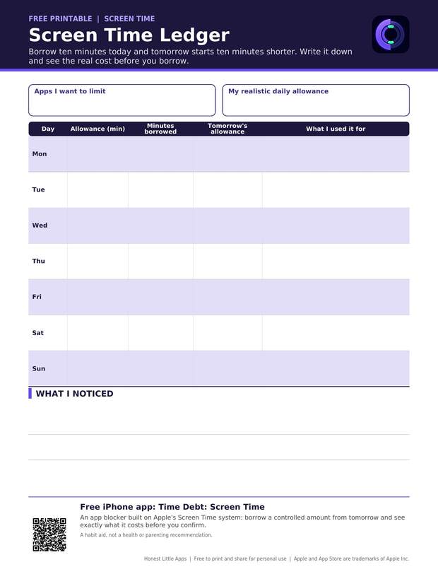 Screen Time Ledger printable preview