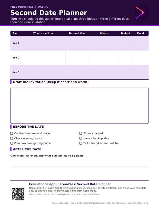 Second Date Planner printable preview