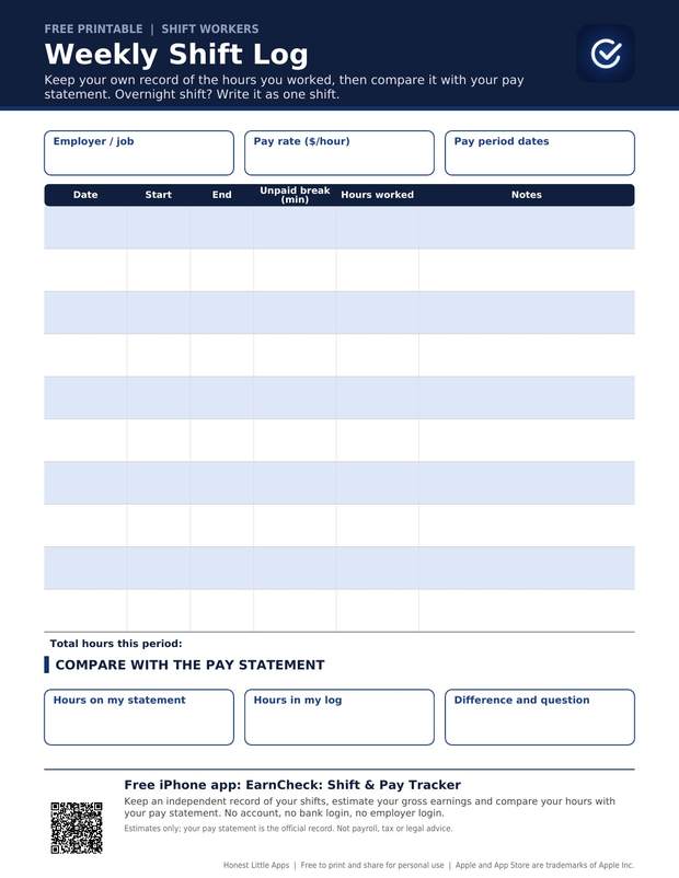 Weekly Shift Log printable preview