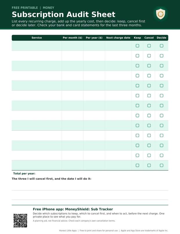 Subscription Audit Sheet printable preview