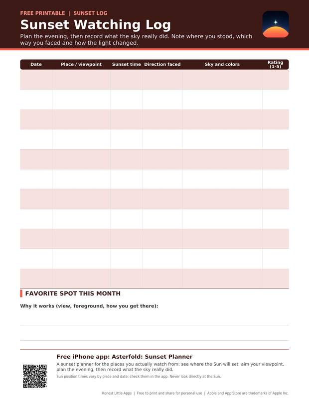 Sunset Watching Log printable preview
